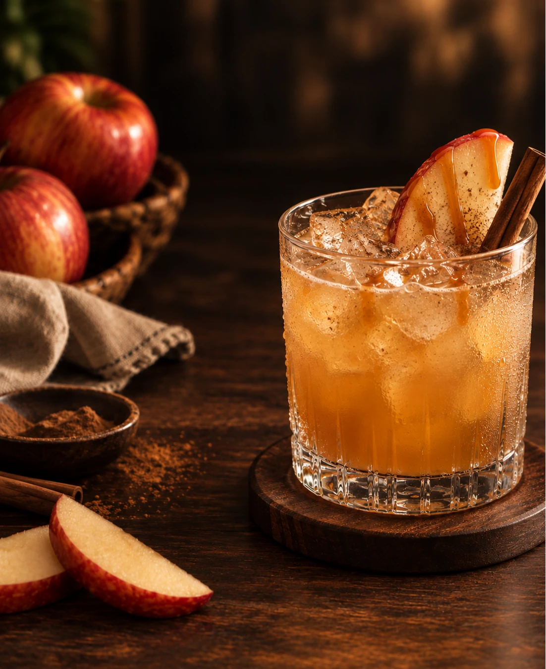 A Caramel Apple Limoncello over ice with apples and cinnamon