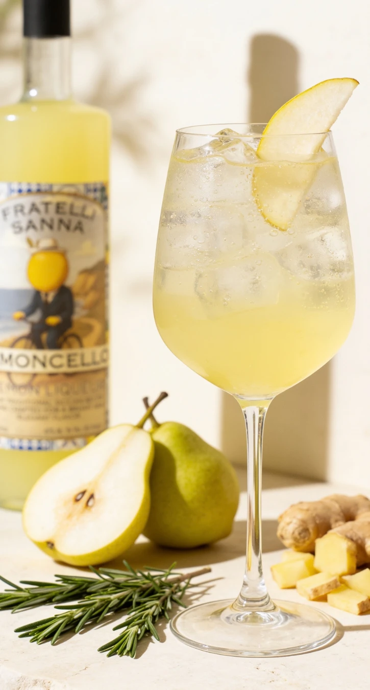 A Limoncello Pear Fizz beside the Fratelli Sanna bottle, pears and fresh ginger