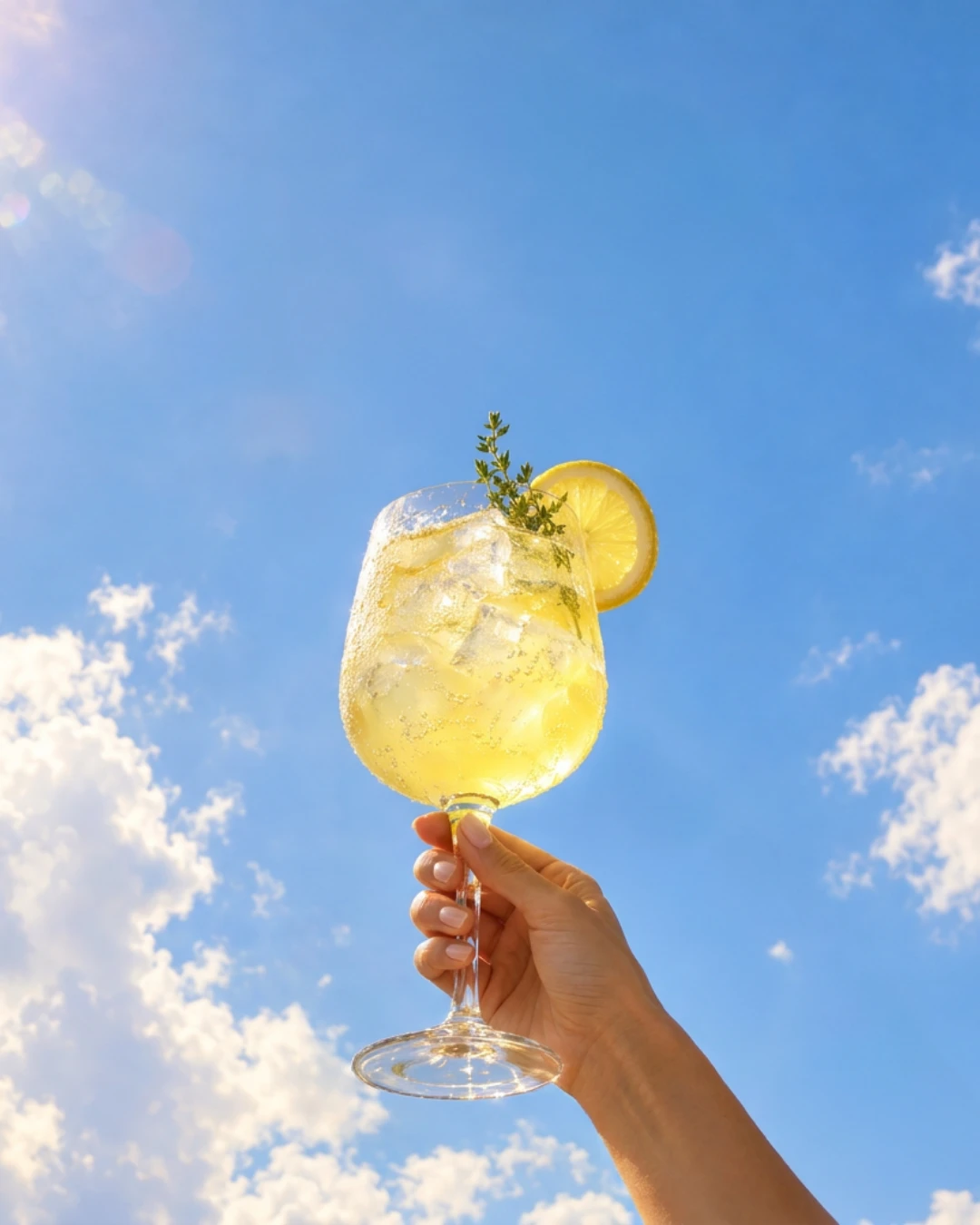 An Amalfi Spritz held up against a bright blue sky
